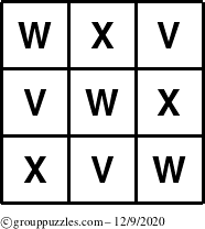 The grouppuzzles.com Answer grid for the TicTac-VWX puzzle for Wednesday December 9, 2020