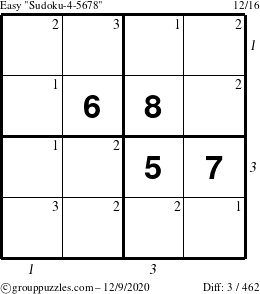 The grouppuzzles.com Easy Sudoku-4-5678 puzzle for Wednesday December 9, 2020 with all 3 steps marked