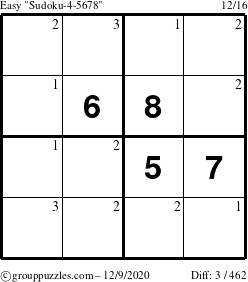 The grouppuzzles.com Easy Sudoku-4-5678 puzzle for Wednesday December 9, 2020 with the first 3 steps marked