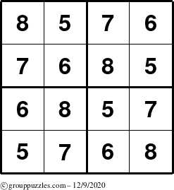 The grouppuzzles.com Answer grid for the Sudoku-4-5678 puzzle for Wednesday December 9, 2020