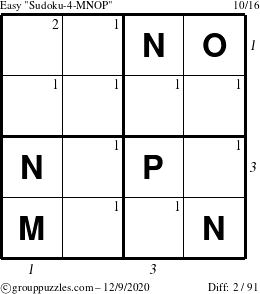 The grouppuzzles.com Easy Sudoku-4-MNOP puzzle for Wednesday December 9, 2020 with all 2 steps marked