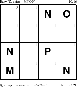 The grouppuzzles.com Easy Sudoku-4-MNOP puzzle for Wednesday December 9, 2020 with the first 2 steps marked