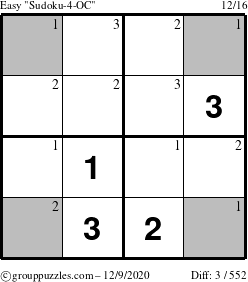 The grouppuzzles.com Easy Sudoku-4-OC puzzle for Wednesday December 9, 2020 with the first 3 steps marked