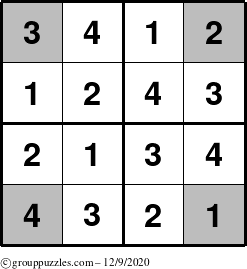 The grouppuzzles.com Answer grid for the Sudoku-4-OC puzzle for Wednesday December 9, 2020