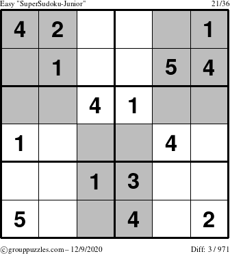 The grouppuzzles.com Easy SuperSudoku-Junior puzzle for Wednesday December 9, 2020