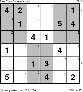 The grouppuzzles.com Easy SuperSudoku-Junior puzzle for Wednesday December 9, 2020, suitable for printing, with all 3 steps marked