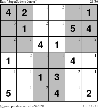 The grouppuzzles.com Easy SuperSudoku-Junior puzzle for Wednesday December 9, 2020 with the first 3 steps marked