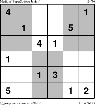 The grouppuzzles.com Medium SuperSudoku-Junior puzzle for Wednesday December 9, 2020