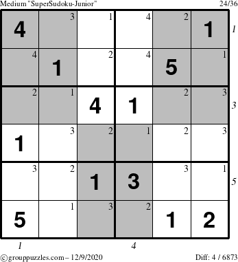 The grouppuzzles.com Medium SuperSudoku-Junior puzzle for Wednesday December 9, 2020 with all 4 steps marked