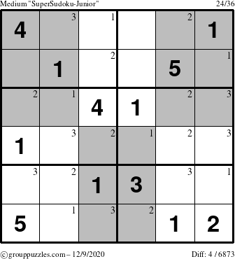 The grouppuzzles.com Medium SuperSudoku-Junior puzzle for Wednesday December 9, 2020 with the first 3 steps marked