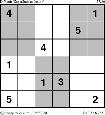 The grouppuzzles.com Difficult SuperSudoku-Junior puzzle for Wednesday December 9, 2020