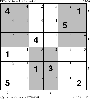 The grouppuzzles.com Difficult SuperSudoku-Junior puzzle for Wednesday December 9, 2020 with all 5 steps marked