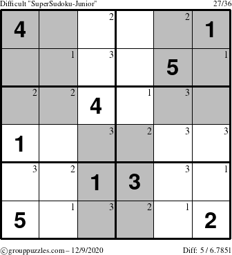 The grouppuzzles.com Difficult SuperSudoku-Junior puzzle for Wednesday December 9, 2020 with the first 3 steps marked