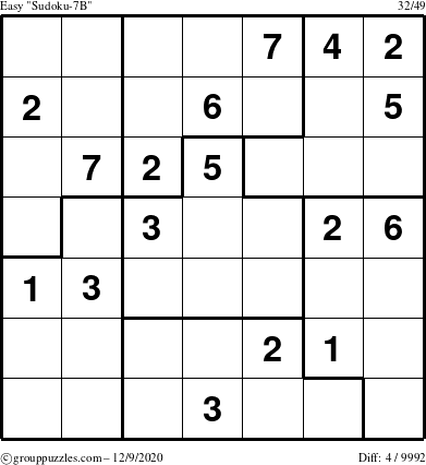 The grouppuzzles.com Easy Sudoku-7B puzzle for Wednesday December 9, 2020