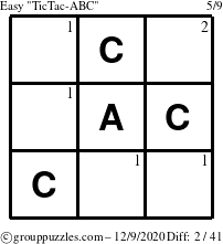 The grouppuzzles.com Easy TicTac-ABC puzzle for Wednesday December 9, 2020 with the first 2 steps marked