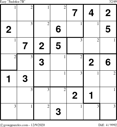 The grouppuzzles.com Easy Sudoku-7B puzzle for Wednesday December 9, 2020 with the first 3 steps marked