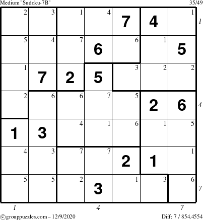 The grouppuzzles.com Medium Sudoku-7B puzzle for Wednesday December 9, 2020 with all 7 steps marked