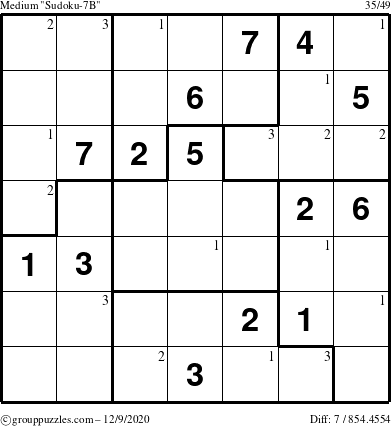 The grouppuzzles.com Medium Sudoku-7B puzzle for Wednesday December 9, 2020 with the first 3 steps marked