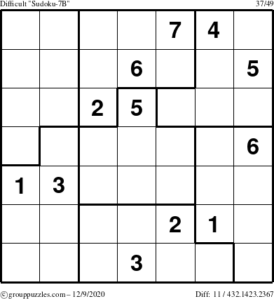 The grouppuzzles.com Difficult Sudoku-7B puzzle for Wednesday December 9, 2020