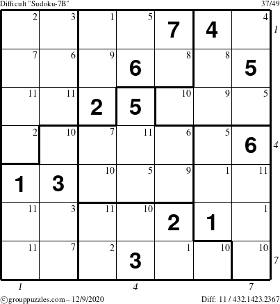 The grouppuzzles.com Difficult Sudoku-7B puzzle for Wednesday December 9, 2020 with all 11 steps marked