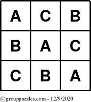 The grouppuzzles.com Answer grid for the TicTac-ABC puzzle for Wednesday December 9, 2020