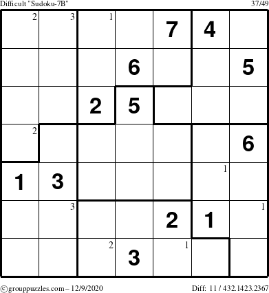 The grouppuzzles.com Difficult Sudoku-7B puzzle for Wednesday December 9, 2020 with the first 3 steps marked