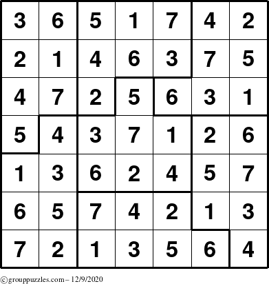 The grouppuzzles.com Answer grid for the Sudoku-7B puzzle for Wednesday December 9, 2020