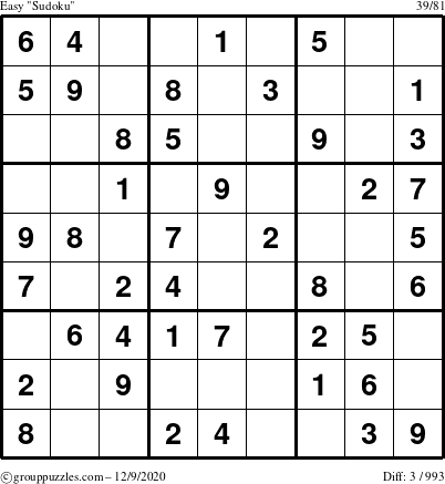 The grouppuzzles.com Easy Sudoku puzzle for Wednesday December 9, 2020