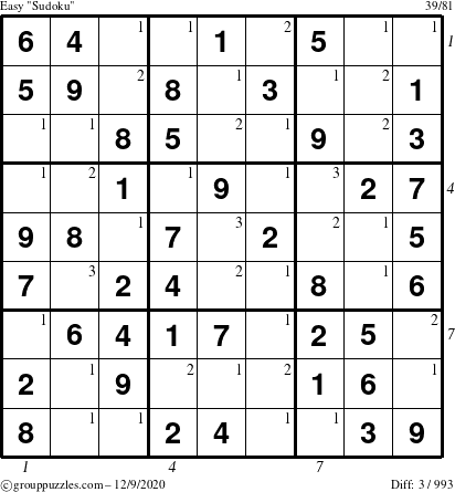 The grouppuzzles.com Easy Sudoku puzzle for Wednesday December 9, 2020 with all 3 steps marked