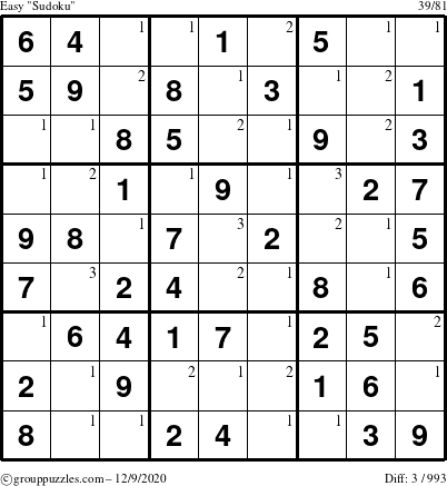 The grouppuzzles.com Easy Sudoku puzzle for Wednesday December 9, 2020 with the first 3 steps marked