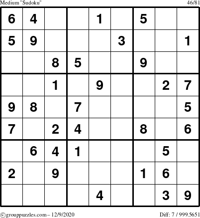 The grouppuzzles.com Medium Sudoku puzzle for Wednesday December 9, 2020