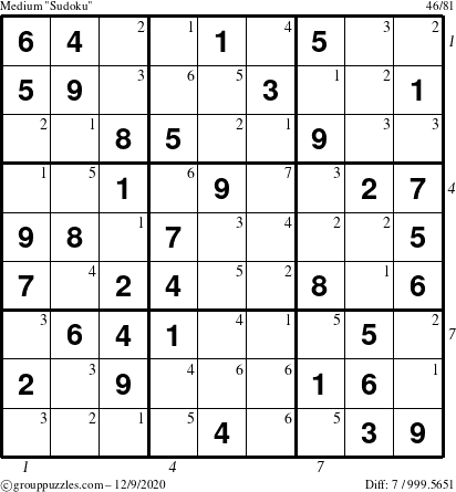 The grouppuzzles.com Medium Sudoku puzzle for Wednesday December 9, 2020 with all 7 steps marked