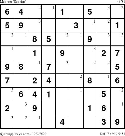 The grouppuzzles.com Medium Sudoku puzzle for Wednesday December 9, 2020 with the first 3 steps marked