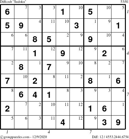 The grouppuzzles.com Difficult Sudoku puzzle for Wednesday December 9, 2020 with all 12 steps marked