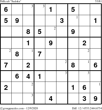 The grouppuzzles.com Difficult Sudoku puzzle for Wednesday December 9, 2020 with the first 3 steps marked