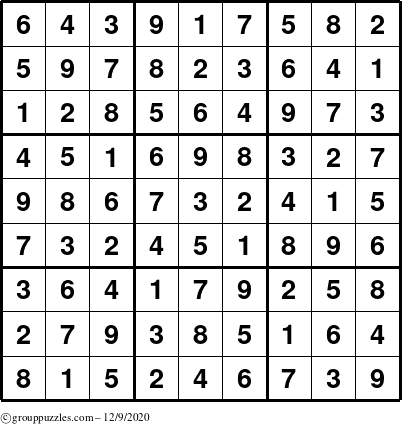 The grouppuzzles.com Answer grid for the Sudoku puzzle for Wednesday December 9, 2020