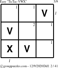 The grouppuzzles.com Easy TicTac-VWX puzzle for Wednesday December 9, 2020 with all 2 steps marked