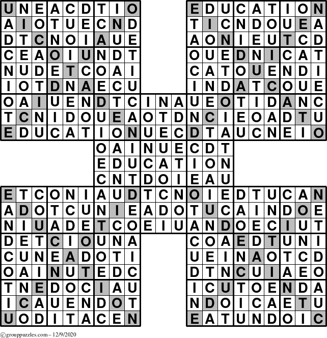 The grouppuzzles.com Answer grid for the Education-Xtreme puzzle for Wednesday December 9, 2020