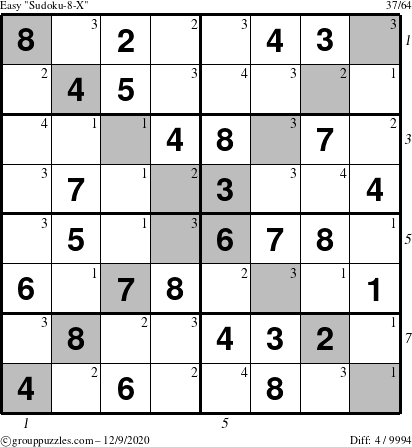 The grouppuzzles.com Easy Sudoku-8-X puzzle for Wednesday December 9, 2020 with all 4 steps marked