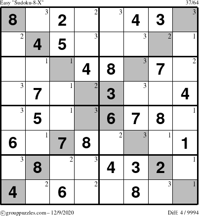 The grouppuzzles.com Easy Sudoku-8-X puzzle for Wednesday December 9, 2020 with the first 3 steps marked