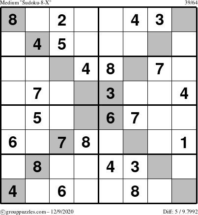 The grouppuzzles.com Medium Sudoku-8-X puzzle for Wednesday December 9, 2020