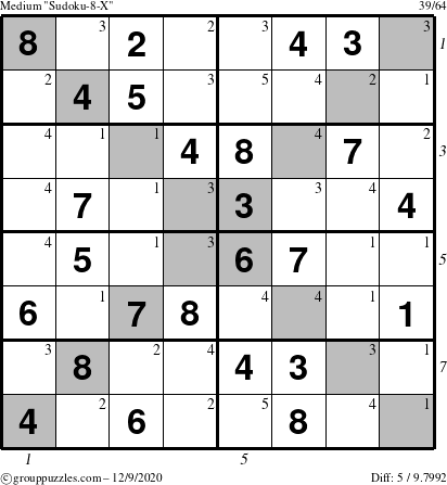 The grouppuzzles.com Medium Sudoku-8-X puzzle for Wednesday December 9, 2020 with all 5 steps marked