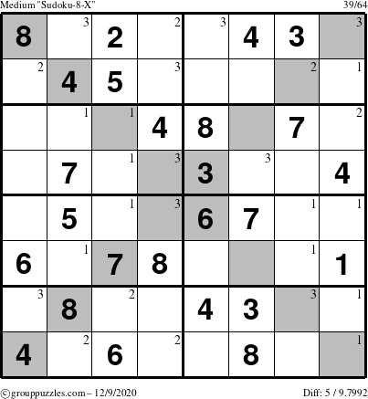 The grouppuzzles.com Medium Sudoku-8-X puzzle for Wednesday December 9, 2020 with the first 3 steps marked