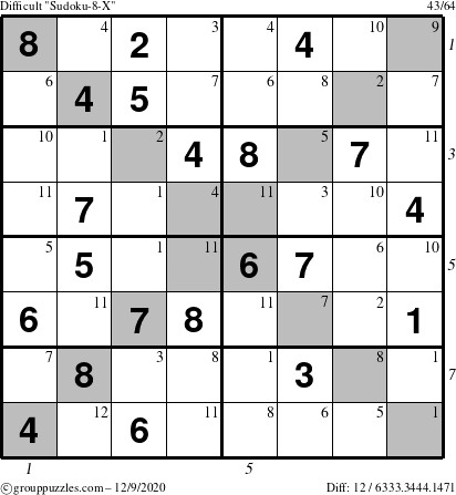 The grouppuzzles.com Difficult Sudoku-8-X puzzle for Wednesday December 9, 2020 with all 12 steps marked