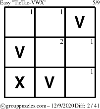 The grouppuzzles.com Easy TicTac-VWX puzzle for Wednesday December 9, 2020 with the first 2 steps marked