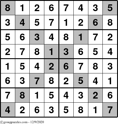 The grouppuzzles.com Answer grid for the Sudoku-8-X puzzle for Wednesday December 9, 2020