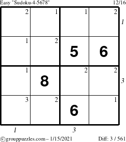 The grouppuzzles.com Easy Sudoku-4-5678 puzzle for Friday January 15, 2021, suitable for printing, with all 3 steps marked