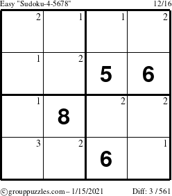 The grouppuzzles.com Easy Sudoku-4-5678 puzzle for Friday January 15, 2021 with the first 3 steps marked