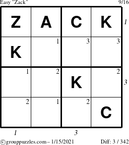 The grouppuzzles.com Easy Zack puzzle for Friday January 15, 2021 with all 3 steps marked