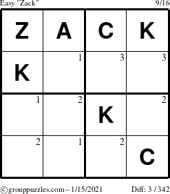 The grouppuzzles.com Easy Zack puzzle for Friday January 15, 2021 with the first 3 steps marked